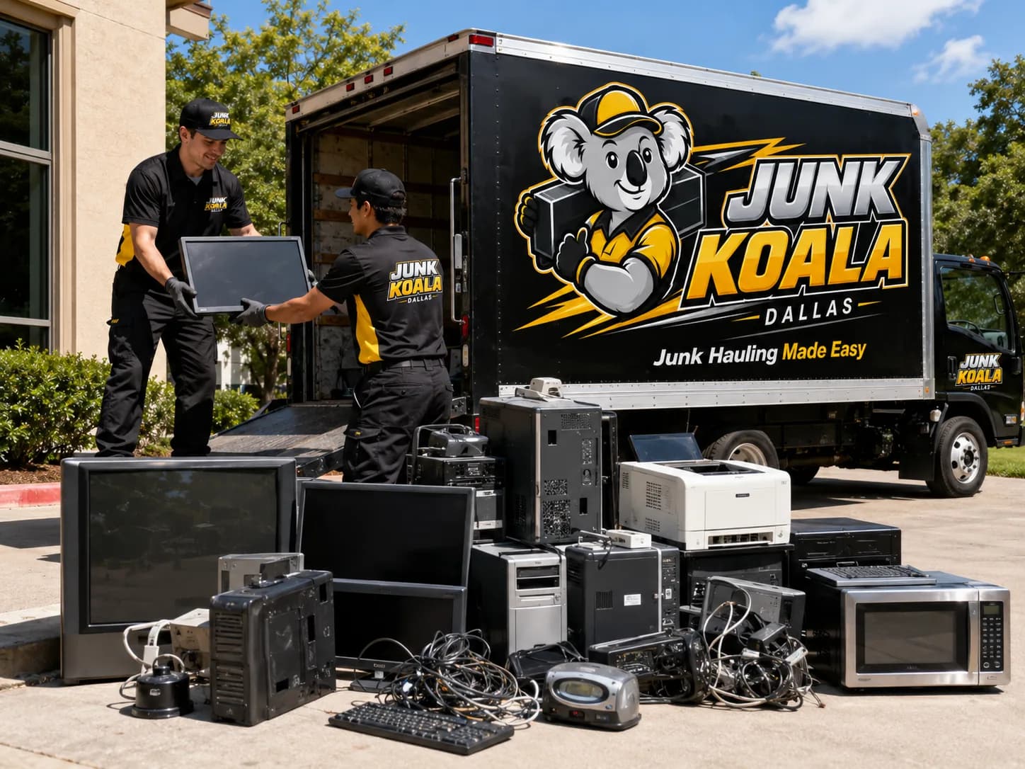 Crew loading old appliances and microwaves into a Junk Koala truck