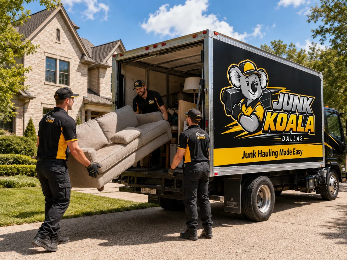 Junk Koala Dallas crew carrying a sofa out to the truck