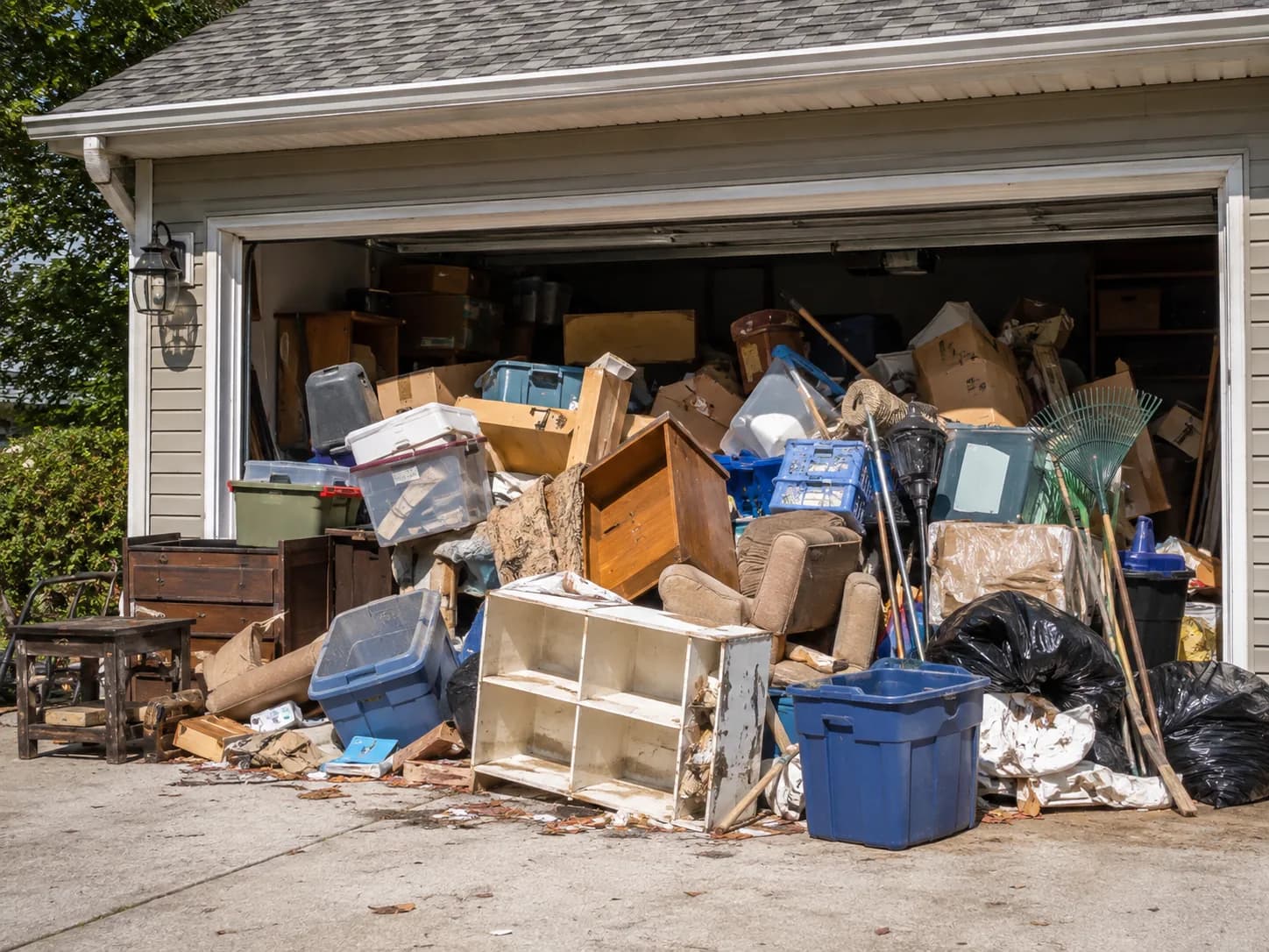 A Dallas garage packed to the door with boxes, bins and old furniture