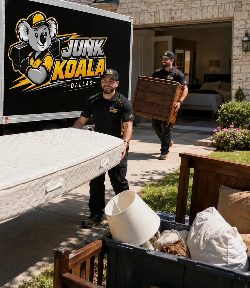Crew carrying a mattress and dresser out of a Dallas home